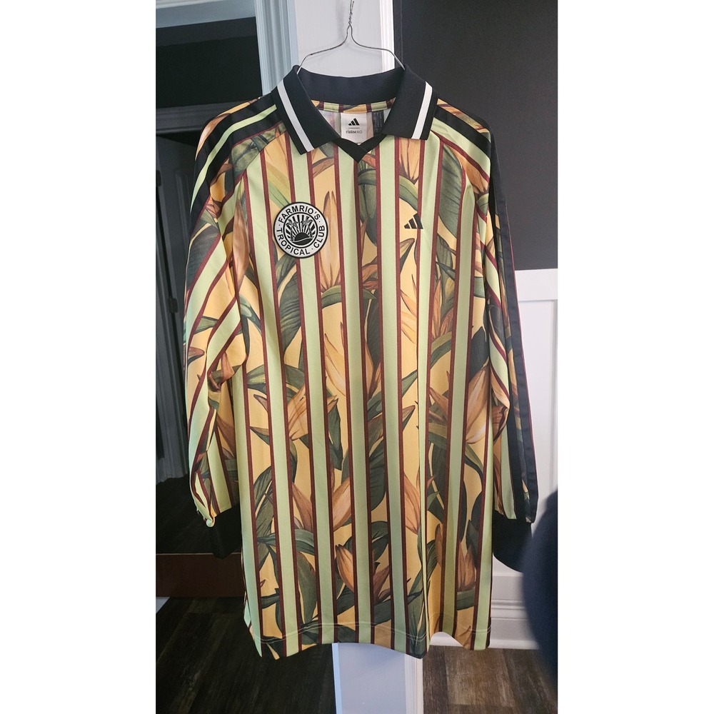 NWT Adidas Farm Rio collab yellow Tropical Stripe Jersey Dress Long Sleeve Small